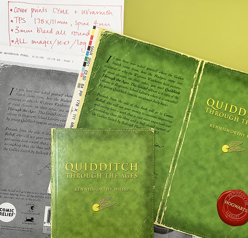 From Richard's own Chamber of Secrets: The final book, a proof of the cover and the original instructions to the printer for Quidditch Through the Ages